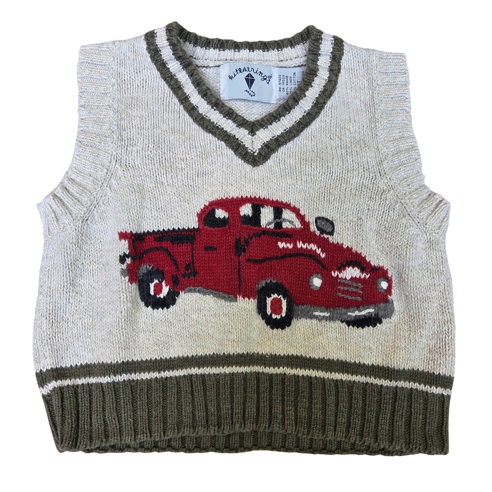 Kitestrings Toddler Boys Red Truck Knit Sweater Vest Cotton Linen 2T Western